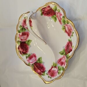 Gorgeous leaf-shaped divided dish. Old English Rose" by Royal Albert.